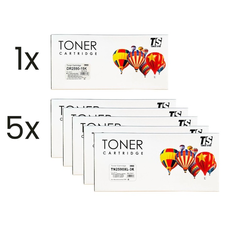 Multipack 5buc x Cartus compatibil NON Brother TN2590XL chip inclus 3000 pagini + 1buc Drum unit compatibil NON Brother DR2590 L2922DW L2862DW L2802DN L2802DW L2640DN L2622DW L2600D L2460DN L2442DW L2402D