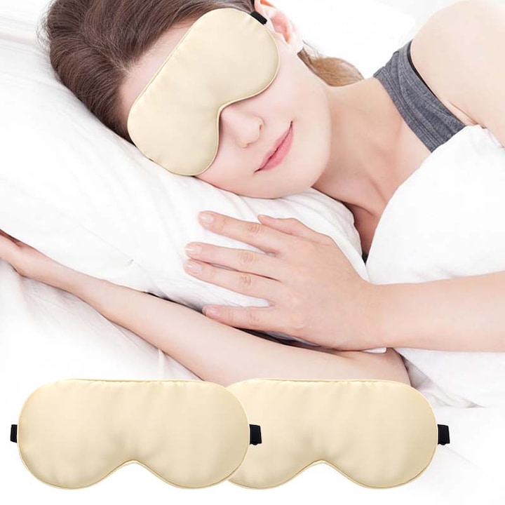 Set 2 Masca pentru ochi, Ochelari de somn maxi (21cm×10,5cm×8,5cm) din matase naturala 100% dublu fateta, ambalaj premium, respirabili, ultra-moi, anti-alergeni, curea reglabila, blocare totala a luminii, ideal pentru somn profund, culoare sampanie