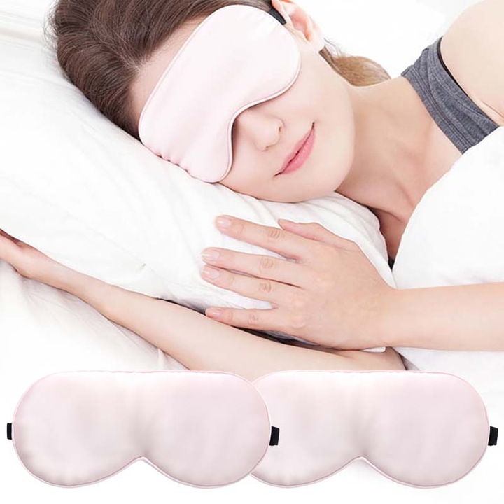 Set 2 db Szemmaszk, Maxi alvó szemüveg (21cm×10,5cm×8,5cm) 100% természetes dupla szatén selyemből, prémium csomagolás, légáteresztő, ultra-puha, anti-allergén, állítható pánt, teljes fénylezárás, ideális mély alváshoz, rózsaszín