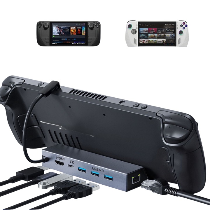 Dokkolóállomás Steam Deck gaming konzolhoz, Fantasy, Többfunkciós 6 az 1-ben bővítő, HDMI, PD, 3 x USB 3.0, PD100W töltés, 100 Mbps, 4K60Hz - Ugyanaz a HD képernyő, Nagyméretű képernyős játékbővítés, Csúszásmentes gumipárna, Fekete