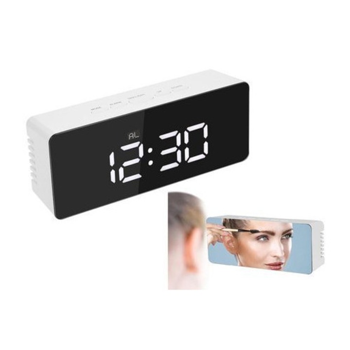 Ceas multifunctional LED 4in1 Ayawaska, alarmă, oglindă, alb, 14x6x3.5cm