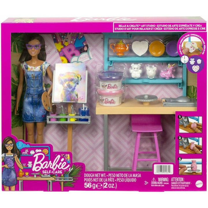 Set de joaca Barbie Painting Studio, Mattel, papusa din plastic, pentru 3 ani