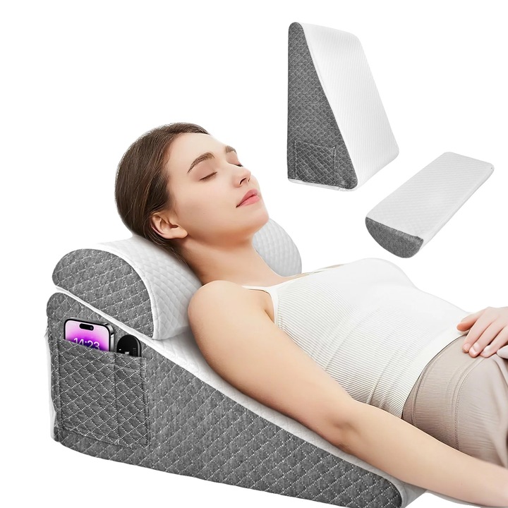 Perna wedge, spuma cu memorie, husa respirabila, gri deschis