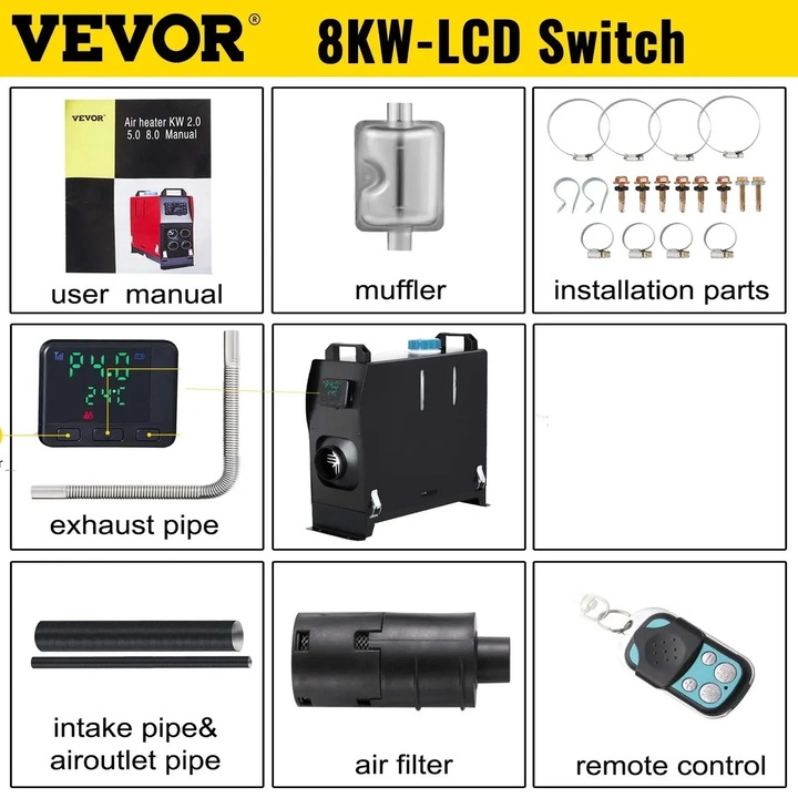 Vevor 8KW dízel légfűtő LCD kapcsolóval, fekete, alacsony üzemanyag-fogyasztás, egyszerű telepítés