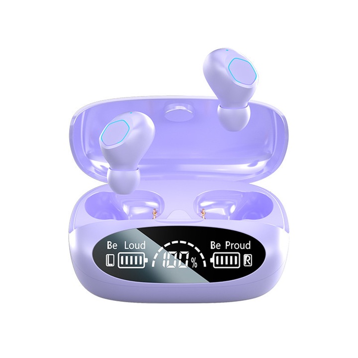 Casti fara fir, NUEEK, In-Ear, Casti audio fara fir M22, Indicator digital al bateriei, Bluetooth 5.2, Microfon audio HD, Comenzi tactile, Latenta scazuta, Rezistent la transpiratie si rezistent la apa, Violet