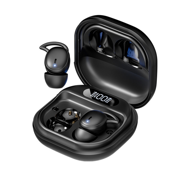 Casti fara fir, NUEEK, In-Ear, Casti de somn fara fir M72, Afisaj digital al bateriei, Bluetooth 5.4, Durata de viata a bateriei de 60 de ore, Microfon audio HD, Latenta scazuta, Rezistent la apa si rezistent la transpiratie, Negru