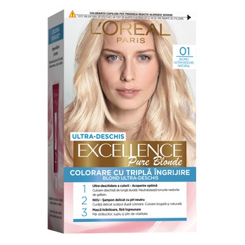 Vopsea de par permanenta cu amoniac L'Oreal Paris Excellence Creme 01 Blond Ultra-Deschis Natural, 192 ml Vopsea de par permanenta cu amoniac L'Oreal Paris Excellence Creme 01 Blond Ultra-Deschis Natural, 192 ml