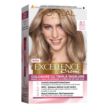 Vopsea de par permanenta cu amoniac L'Oreal Paris Excellence Creme 8.1 Blond Deschis Cenusiu, 192 ml Vopsea de par permanenta cu amoniac L'Oreal Paris Excellence Creme 8.1 Blond Deschis Cenusiu, 192 ml
