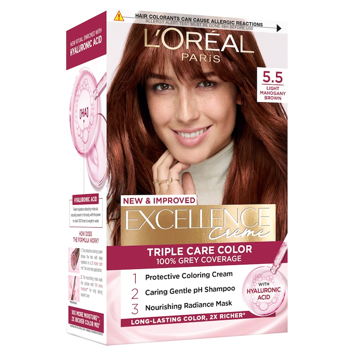 Vopsea de par permanenta cu amoniac L'Oreal Paris Excellence Creme 5.5 Saten Deschis Acaju, 192 ml