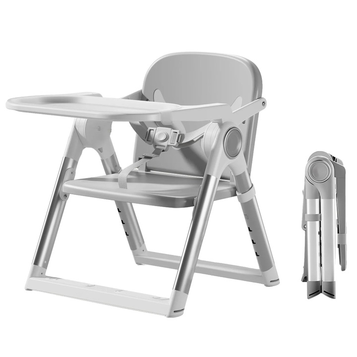 Scaun de masa pentru copii, design portabil, inaltime ajustabila, gri inchis, 6-36 luni