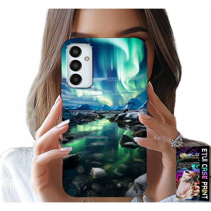 Samsung Galaxy M23 telefontok, World Case, Aurora Borealis mintás, szilikon, üvegkészlettel