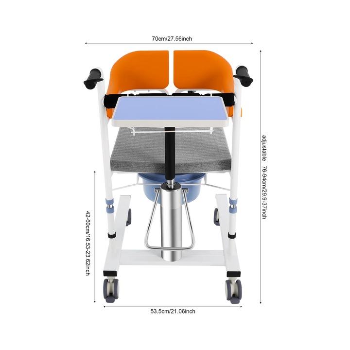 Scaun de transfer pentru pacienti, inaltime ajustabila, spatar detasabil, portocalie, 76x94cm