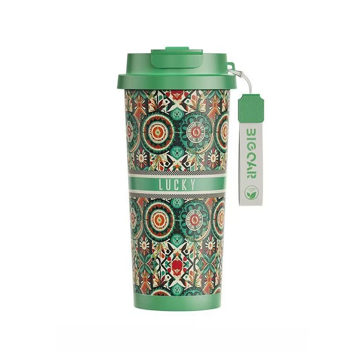 Cana termica Bigcar din titan pur, 520ml, verde etnic, 90x195mm