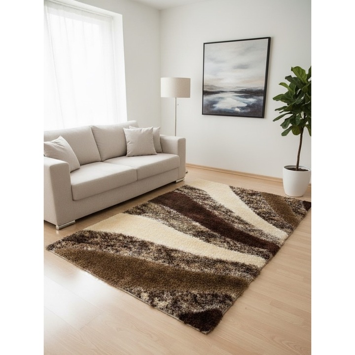 Covor shaggy Pala Carpet, modern, abstract valuri, maro si crem, 125x200cm