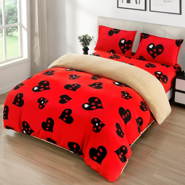 Set Lenjerie Cocolino cu Blanita si Elastic, Groasa si Pufoasa, 4 Piese, 2 Fete de Perna Incluse, Cearceaf cu Elastic 180x200 cm, Culoare Rosu