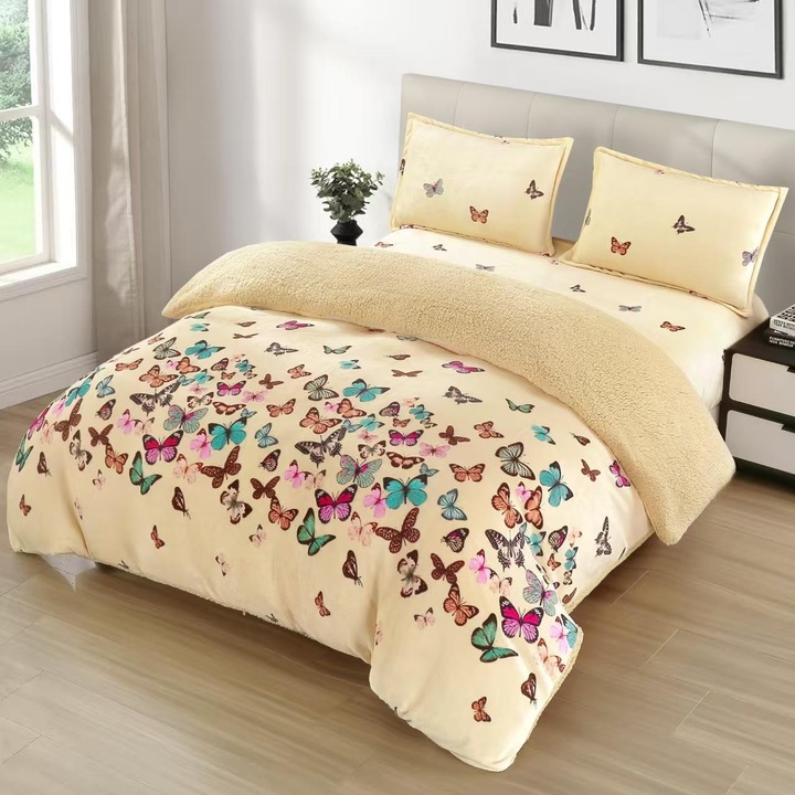 Set Lenjerie Cocolino cu Blanita si Elastic, Groasa si Pufoasa – 4 Piese, 2 Fete de Perna Incluse, Cearceaf cu Elastic 180x200 cm, Culoare Bej