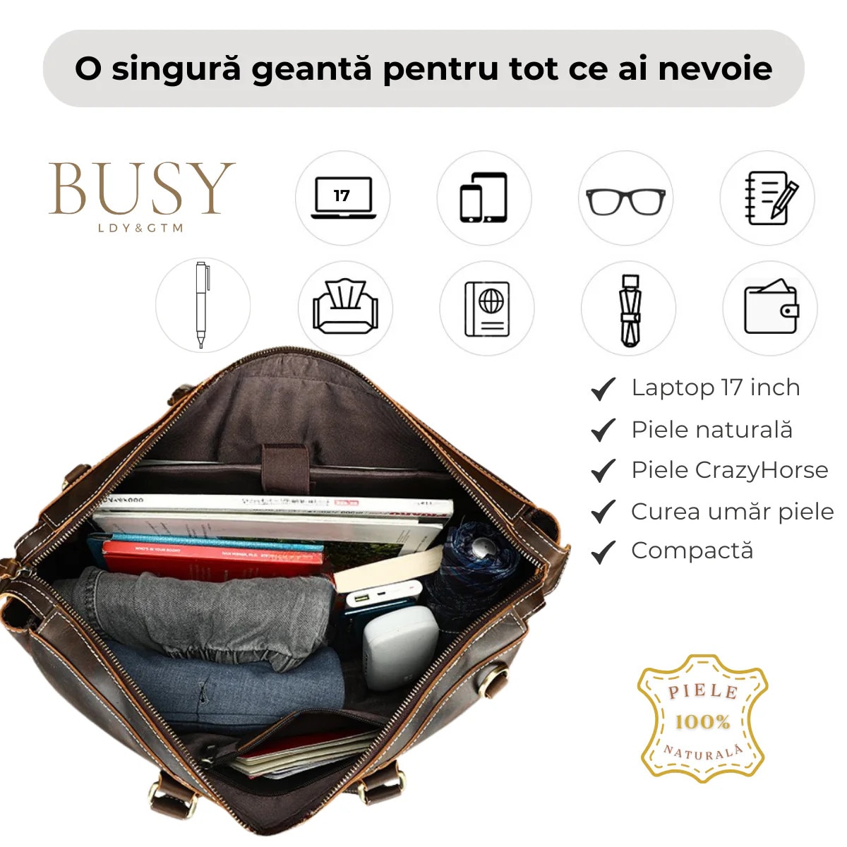 Geanta laptop 17inch, piele naturala Crazy Horse, retro business, Legacy XL, maro
