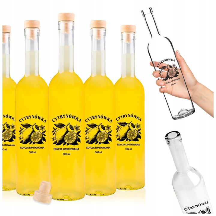 Комплект стъклени бутилки Futura с принт Limoncello, SuperButelki, 500 мл, От стъкло, Със запушалка, Висока и тънка бутилка с елегантен профил, Готова опаковка, 29.5 x 6 см, Прозрачни, 10 броя