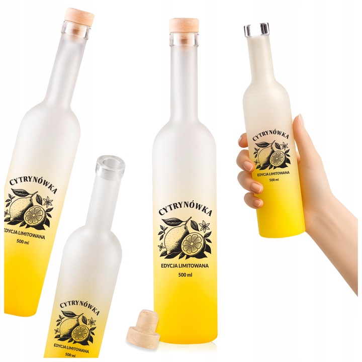 Set sticla de sticla cu imprimeu Limoncello, SuperButelki, Futura, 500 ml, Dop sintetic cu cap de ciuperca de 18.5 mm, Futura, Din sticla, Inaltime 29.5 cm, Latime 6.5 cm, 29.5 x 6.5 cm, Multicolora