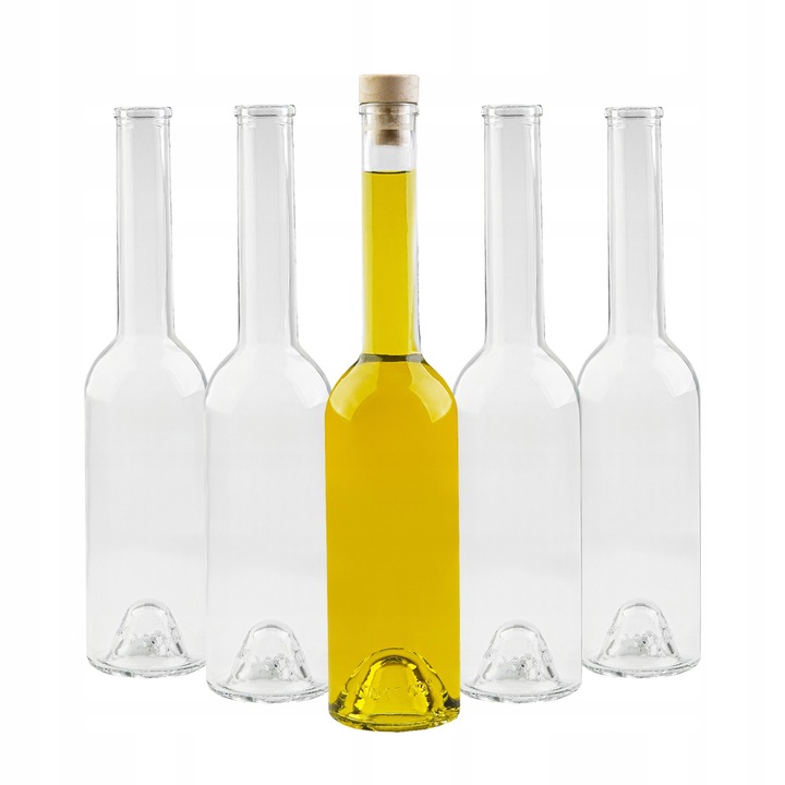 Set de sticle de sticla cu dopuri, SuperButelki, 350 ml, Fenice, Din sticla, Multifunctionale Ideale pentru lichioruri, ulei de masline, siropuri, Fabricare estetica Forma minimalista, Usor de curatat, 27 x 6 cm, Transparente, 5 Buc