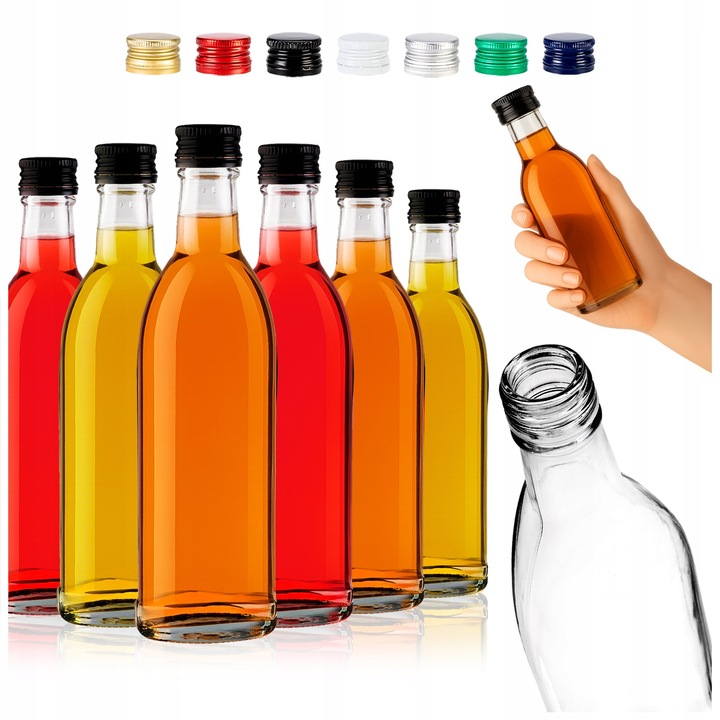 Set de sticle de sticla cu capace cu filet, SuperButelki, Iskra, Usor de intretinut, Forma subtire si practica, Cu inchidere prin capac cu filet, 22.5 x 6.2 x 4.2 cm, Multicolore, 50 de Buc