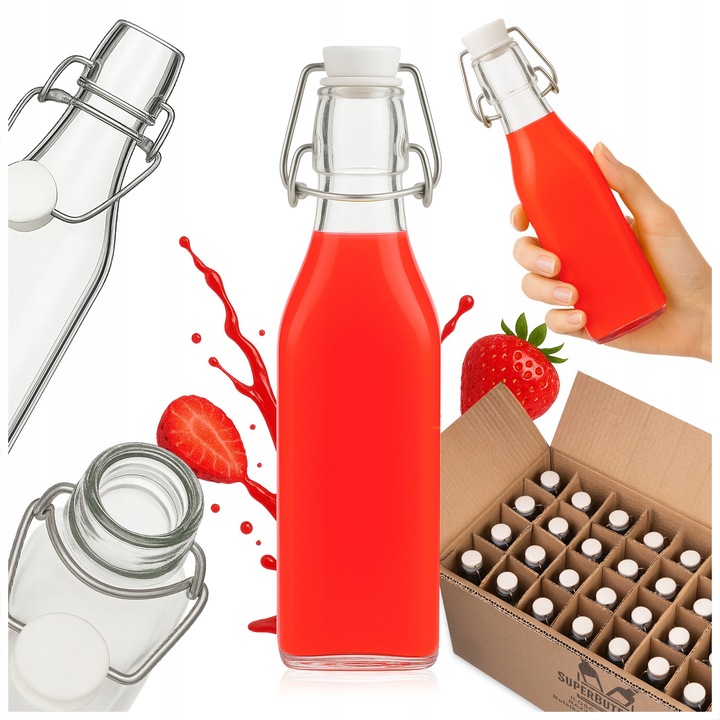 Set de sticle de sticla patrate cu dop mecanic, SuperButelki, 250 ml, Inchidere tip Swing Top, Usor de curatat, Constructie solida, 20 x 5.6 cm, Transparente, 36 de Buc