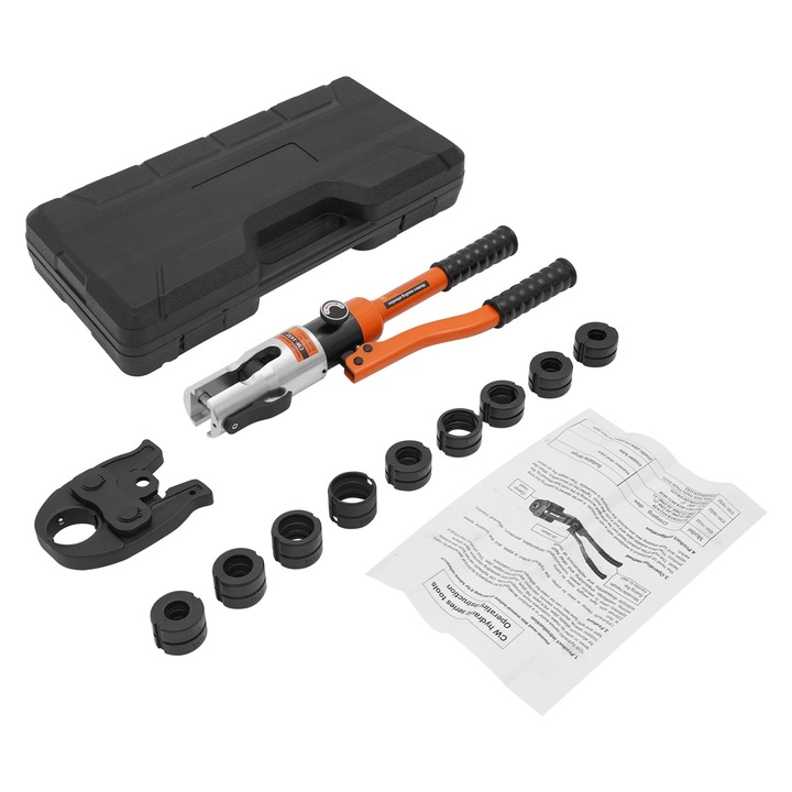 Cleste hidraulic, 10 tone, 9 seturi de matrite, cap rotativ 360°, otel rezistent, 15.75x6.3x2.76 in