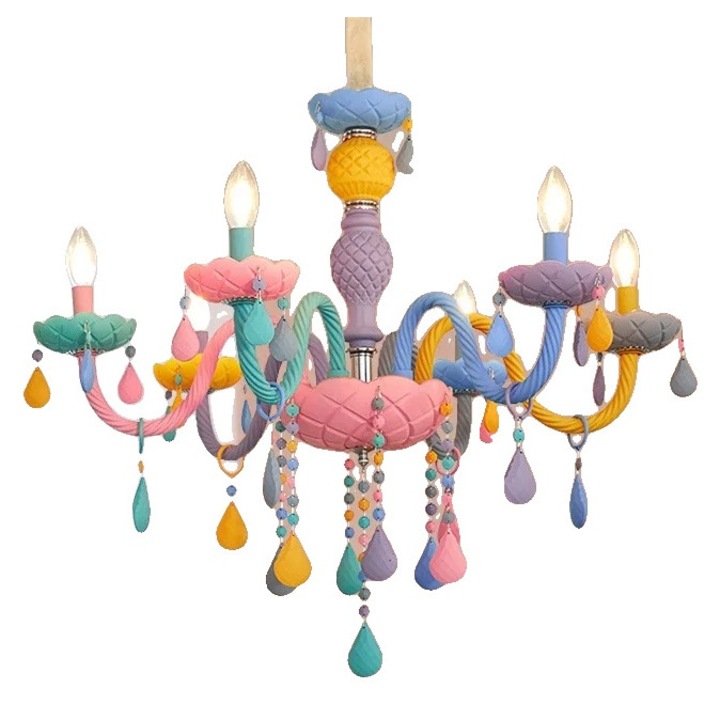 Полилей с 6 светлини, игрив дизайн на макарон, LED осветление, топла светлина, стъкло, монтаж на таван