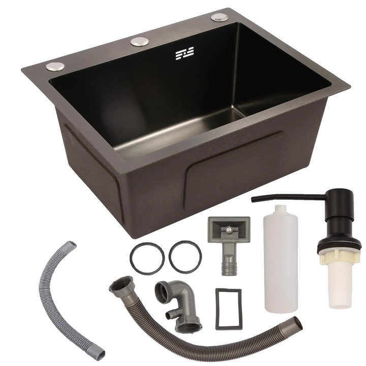 Chiuveta bucatarie, inox, cu dispenser de sapun integrat, gri armat, 50 x 40 cm