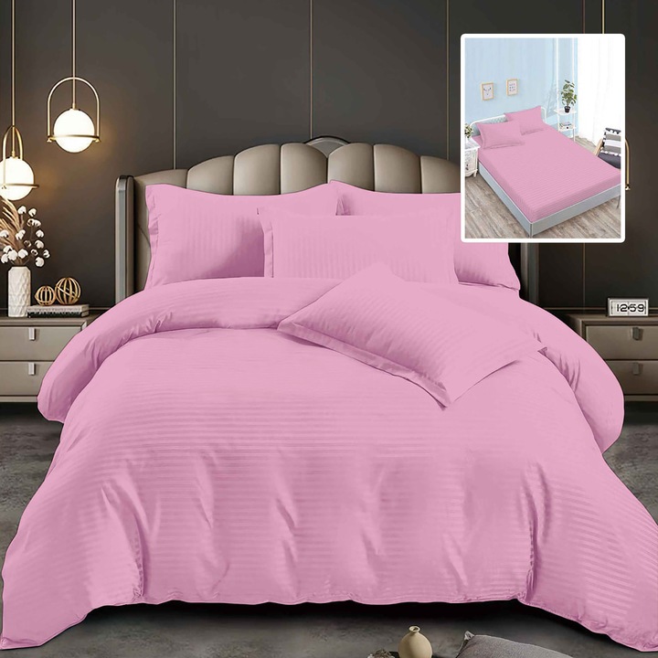 Lenjerie de pat damasc policoton Ralex Pucioasa, set 6 piese, 80% poliester, 20% bumbac, multicolor, husa universala 160x200x24cm/180x200x24cm