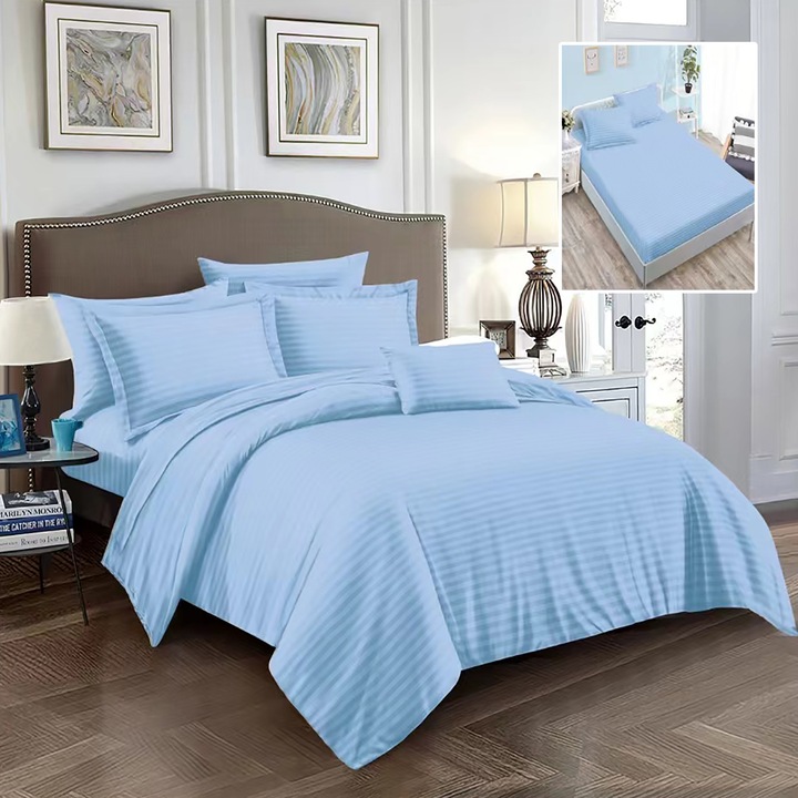 Damaszt ágynemű, 6 részes, King Size, gumis lepedővel, 6DPH28, 2 párnahuzat 50x70 és 70x70, 1 univerzális gumis ágytakaró 180 x 200, 1 paplanhuzat 200 x 230, Világoskék