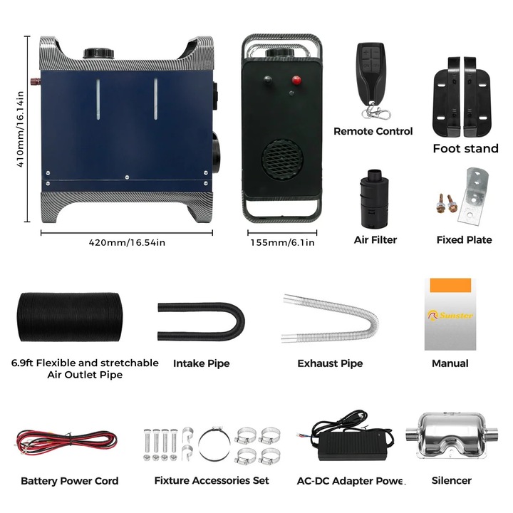 Dízel légfűtő, intelligens termosztát, Bluetooth alkalmazásvezérlés, hálózati adapterrel, 8KW, 40x17x40cm