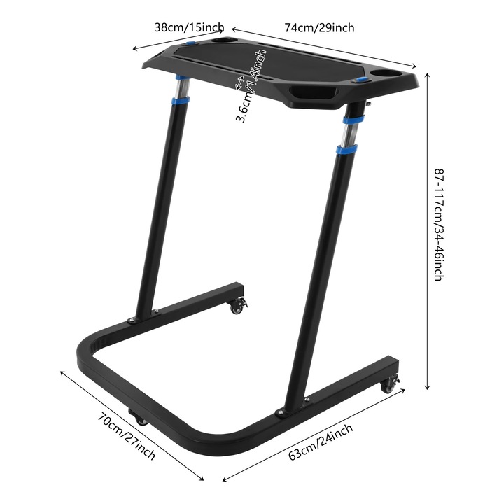Fitnesz íróasztal, állítható magasságú állóasztal, 86–117 cm magasság, kerekekkel, fémváz, otthoni edzőterembe és irodába, fekete