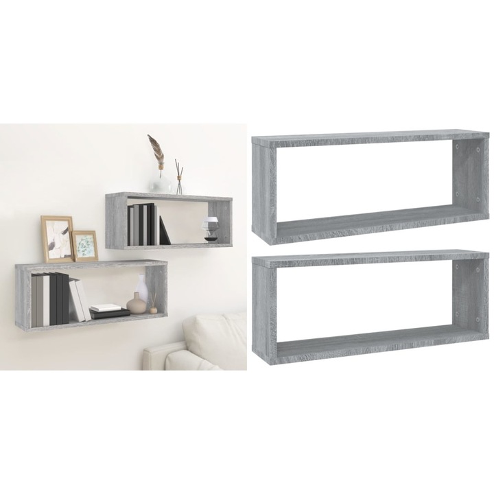 Rafturi de perete cub, 2 buc., gri sonoma, 60x15x23 cm, lemn