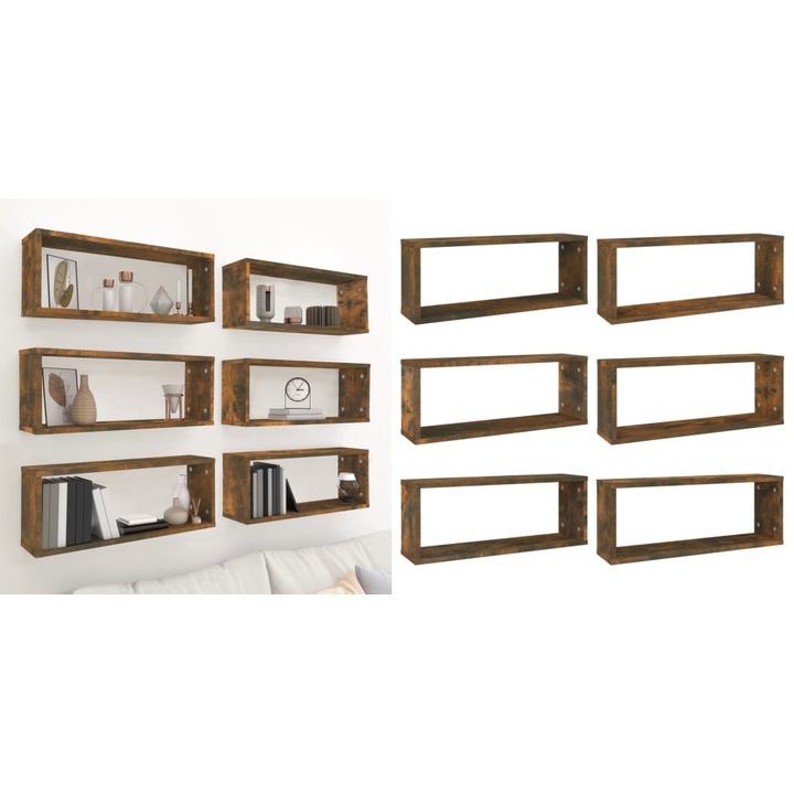 Rafturi de perete cub, 6 buc., stejar fumuriu 60x15x23 cm, lemn