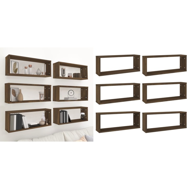 Rafturi de perete cub, 6 buc., stejar maro, 60x15x23 cm, lemn