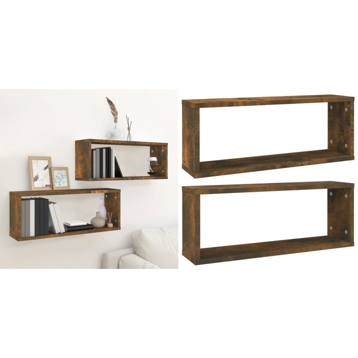 Rafturi de perete cub, 2 buc., stejar fumuriu 60x15x23 cm, lemn