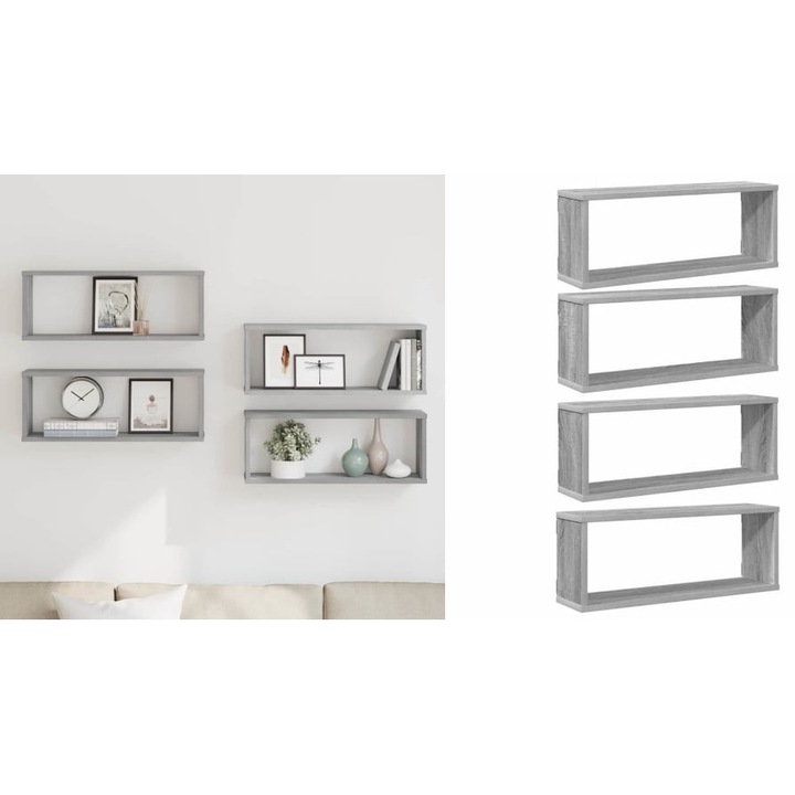 Rafturi de perete cub, 4 buc., gri sonoma, 60x15x23 cm, lemn