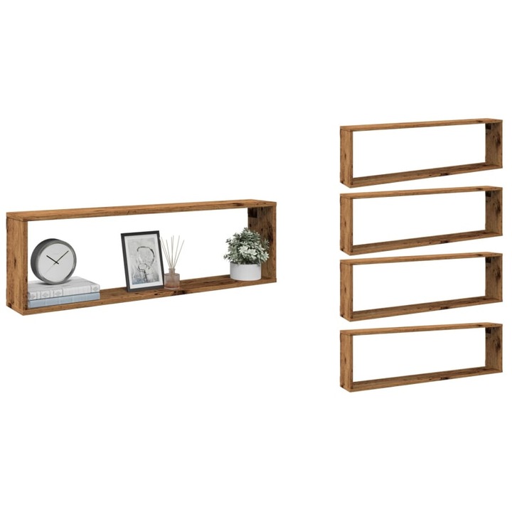 Raft de perete cub, 4 buc., lemn vechi, 100x15x30 cm, lemn