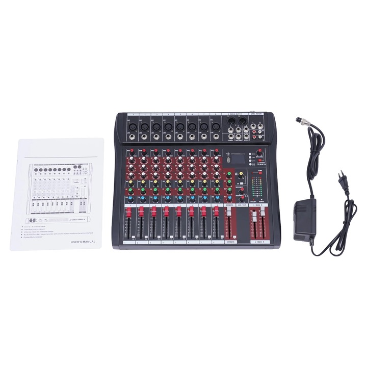 Mixer audio, 8 csatornás, Bluetooth kapcsolat, méretei 30x20x10cm