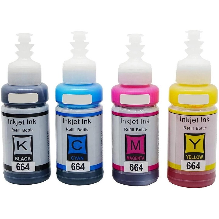 Set 4 flacoane cerneala compatibila Epson T6641, 66642, T6643, T6644, black cyan yellow magenta, 100 ml fiecare, pentru Epson EcoTank L100 L110 L120 L121 L130 L1300 L132 L200 L210 L220 L222 L300 L3050 L3060 L3070 L310 L312 L350 L355 L362 L