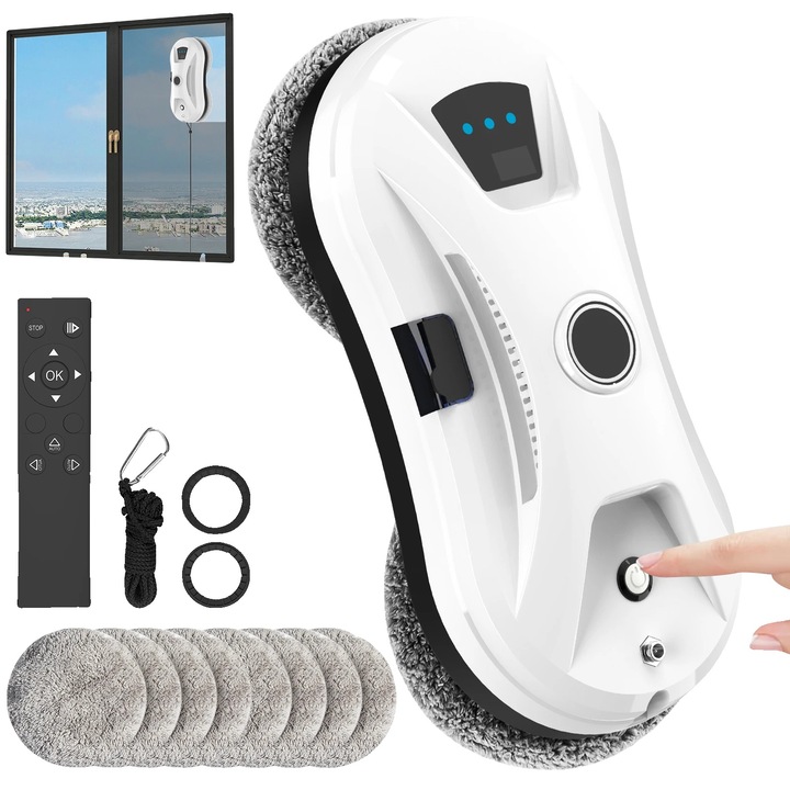 Robot de curatat geamuri 8785371286254, 5600 Pa, pulverizare automata cu ultrasunete, baterie de rezerva 30 min, cablu 4 m, franghie de siguranta, alb