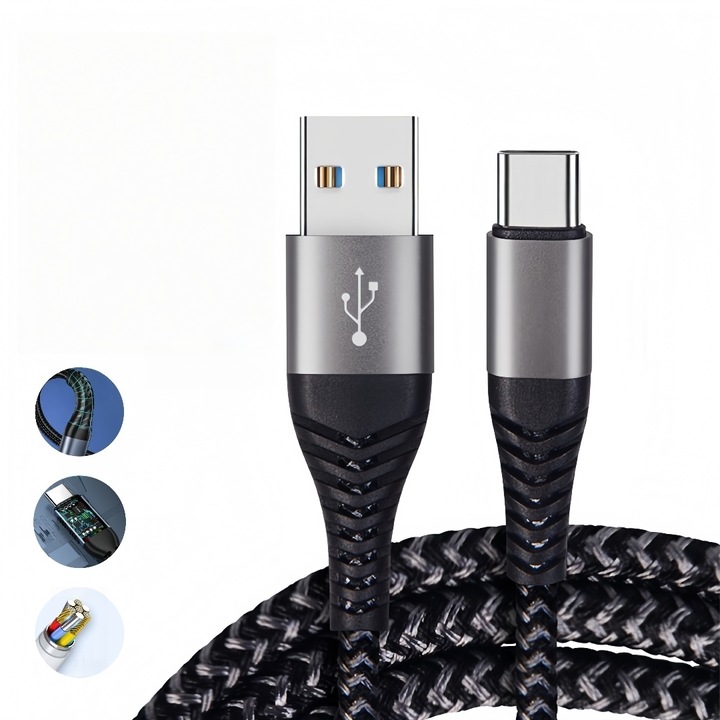 Кабел за бързо зареждане USB-A към Type-C, 66W, 6A, 480Mbps, 2м, черен