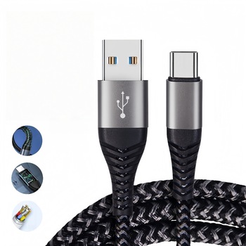 Cablu de incarcare rapida USB-A la Type-C, 66W, 6A, 480Mbps, TPE/PVC, durabil, compatibil cu Samsung, Apple, tablete, laptopuri, drone; suport pentru transfer de date si sincronizare, 2 metru, negru