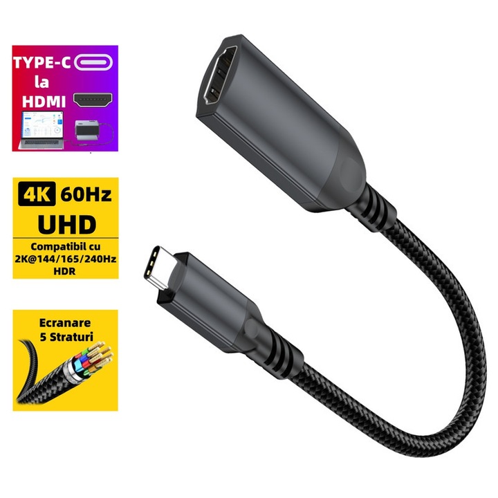Adapter Type-C – HDMI, 4K@60HZ, UHD, 2K@144/165/240HZ, 1080p@144/165/240HZ, HDR, Audio/video átvitel, Külső monitor/projektor csatlakoztatása, Tükrözés/kiterjesztés mód, 0.2 méter, Fekete