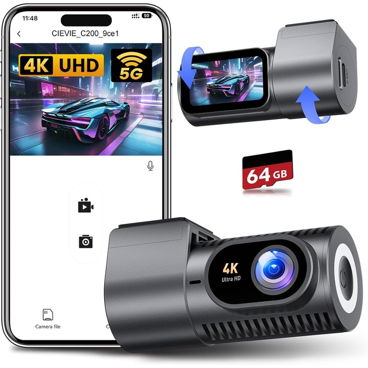 Cameră auto CIEVIE 4K, mini cu rotire 360°, vizibilitate nocturnă WDR, card 64GB