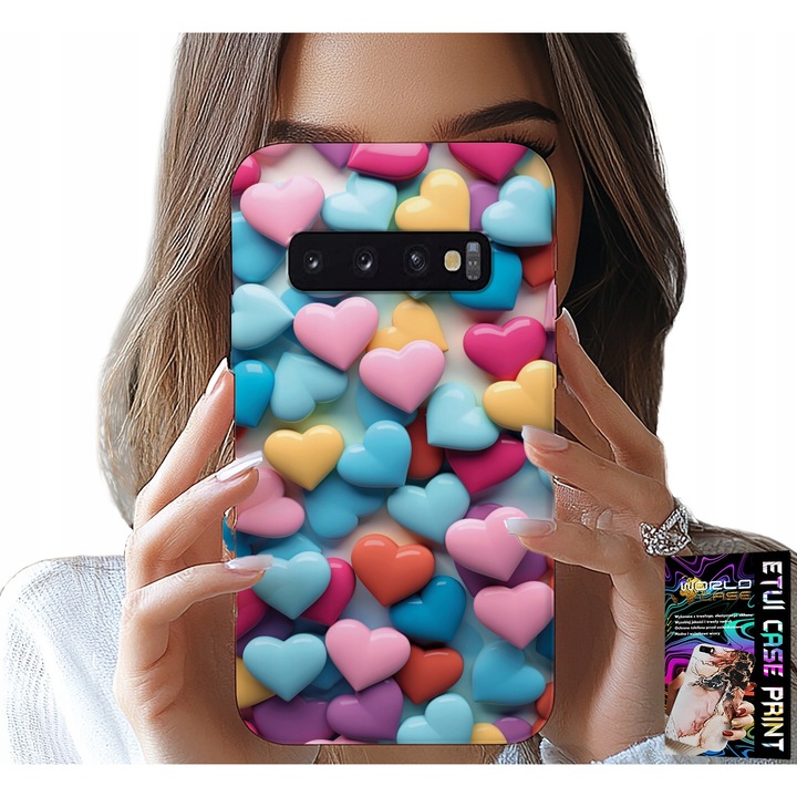 Huzat Samsung Galaxy S10 Plus telefonhoz, World Case, szilikon, személyre szabható, színes szívek