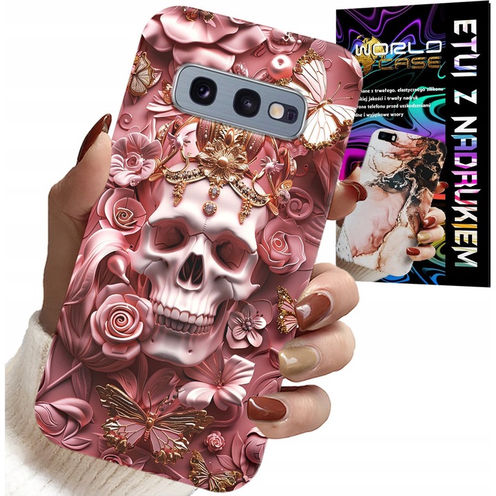 Telefon tok, World Case, Samsung Galaxy S10E-hez, koponya rózsákkal, szilikon, divatos