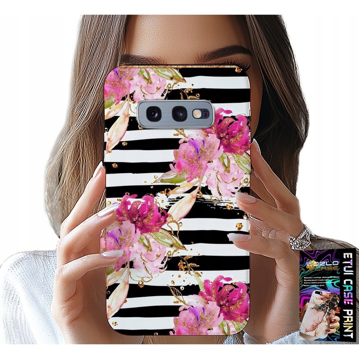 Huzat Samsung Galaxy S10E-hez, World Case, virágos fekete-fehér csíkokkal, szilikonból, tok típusú