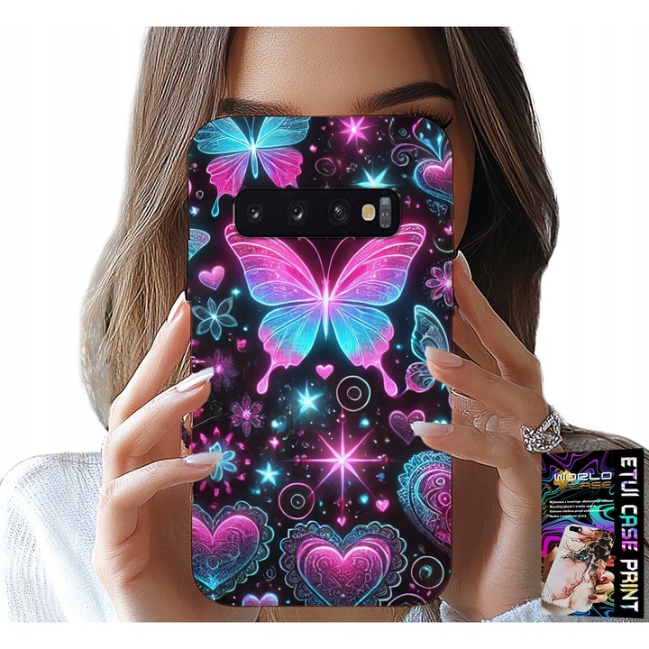 Samsung Galaxy S10 Plus telefontok, World Case, színes pillangós és szívmintás design, szilikon